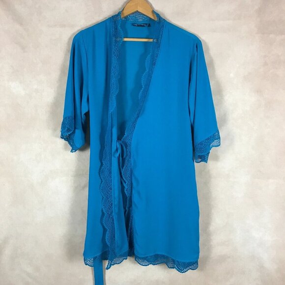 INC Blue Lace Trim Wrap Bath Robe NWOT Size SMALL - Picture 3 of 7